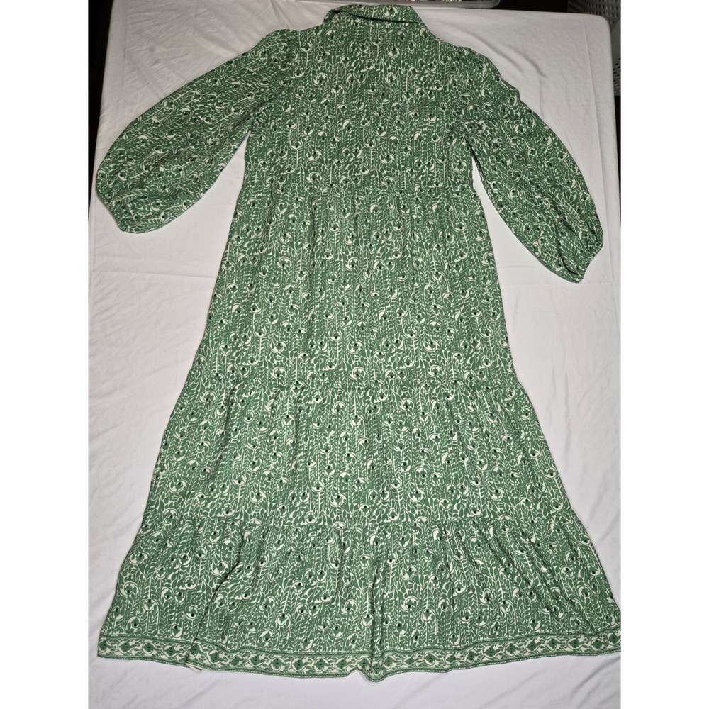 Max Studio London Crepe Tiered Maxi Dress Boho Green White Half Button Medium - Picture 7 of 8